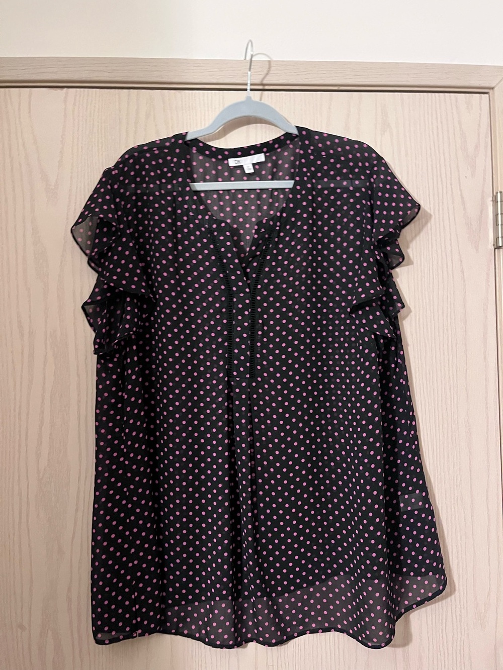 DR2 Black Blouse with Pink Polka Dots and Ruffle Sleeves